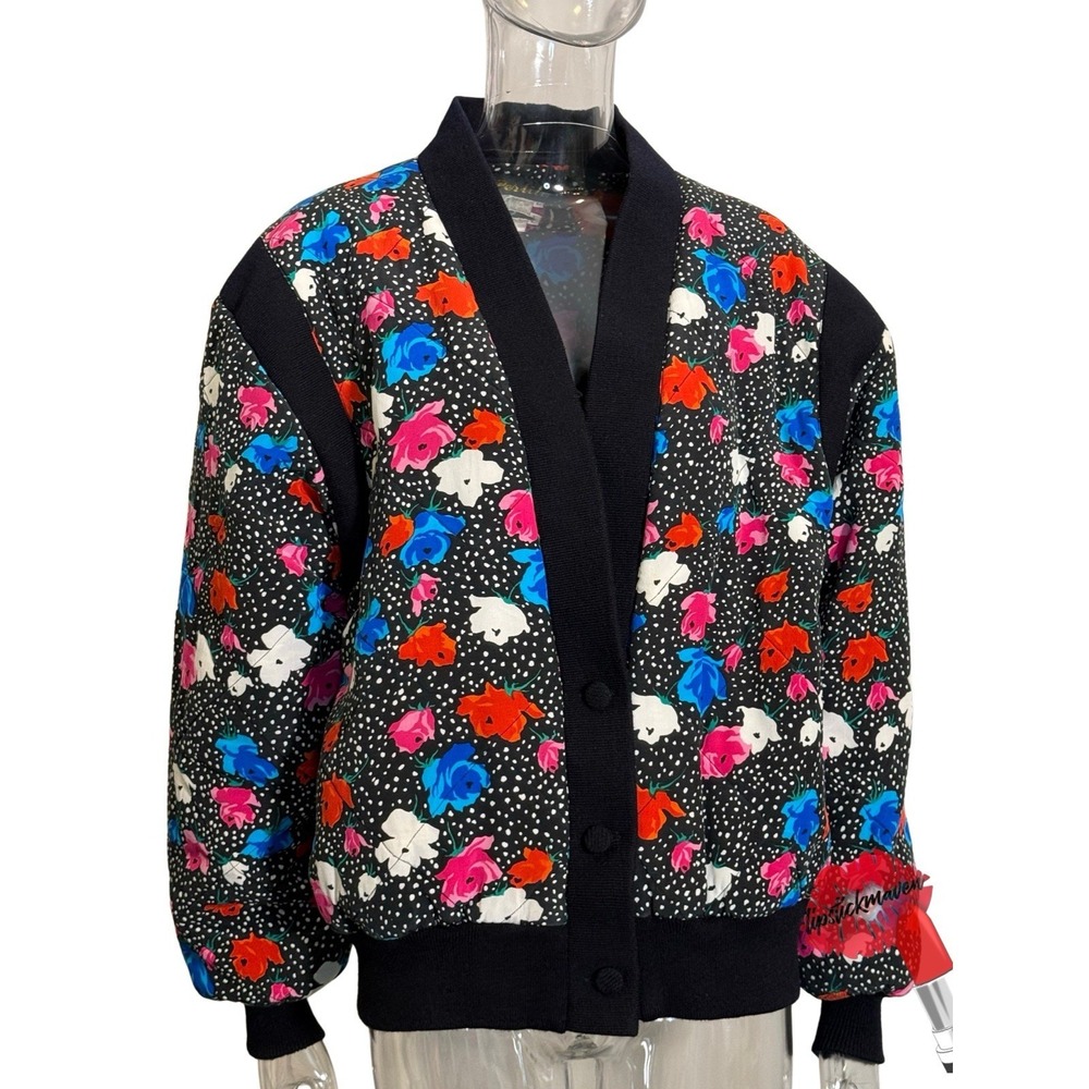 Vintage Perlita Jacket Women Large Black Floral 100%‎ Silk 80s 90s Retro